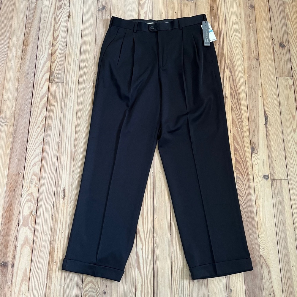 Perry Ellis Portfolio Pants Mens 31x30 Black Pleated Cuffed Travel Luxe Classic